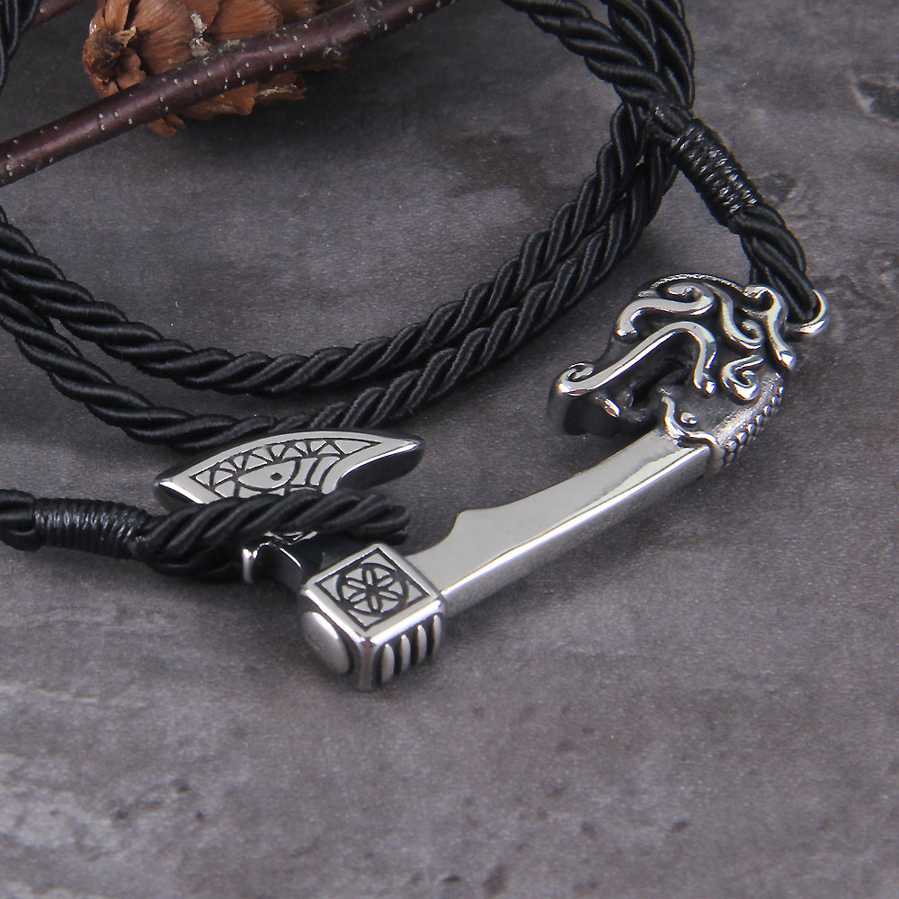Viking Dragon Axe Bracelet - Stainless Steel Braided Band