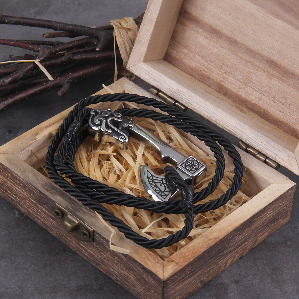 Viking Dragon Axe Bracelet - Stainless Steel Braided Band