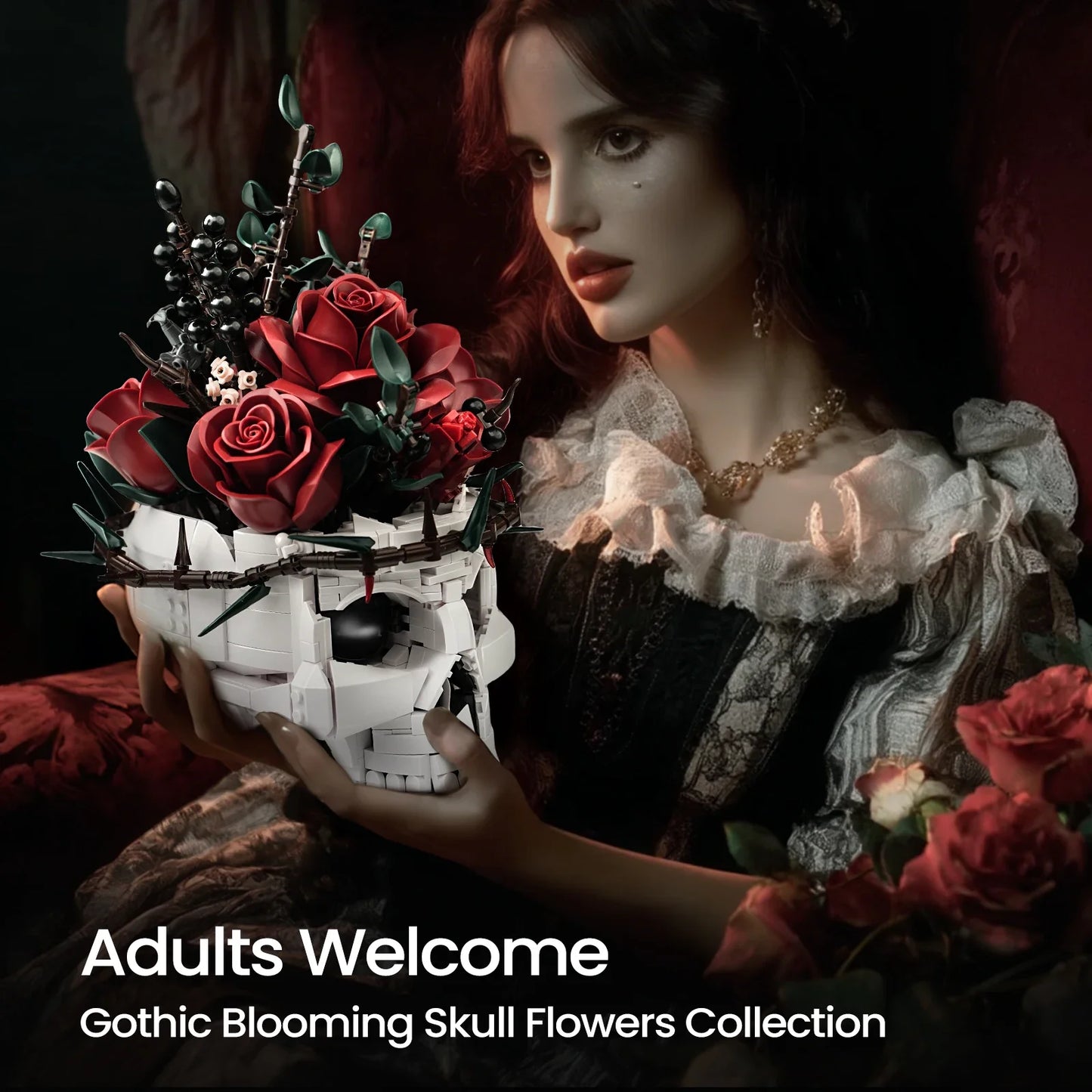 Skull Flowers Building Blocks Set - Gothic Roses Bouquet Toy Skeleton Planter Pot Floral Decor Halloween Gifts