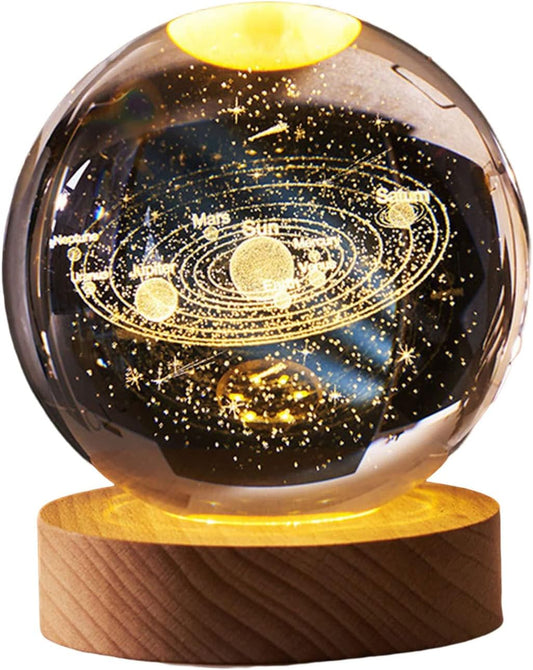 3D Planet Crystal Ball Night Light with Wooden Base