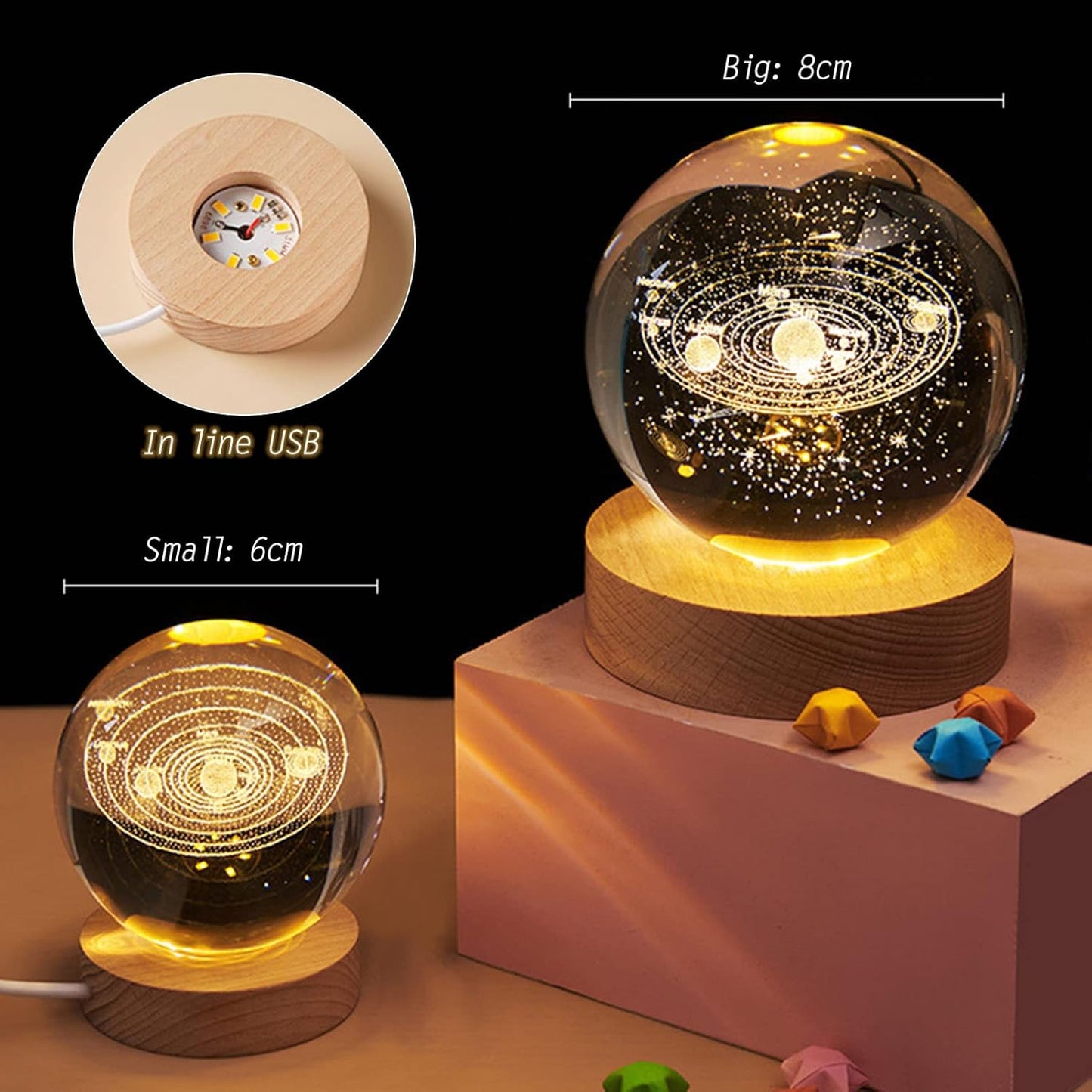 3D Planet Crystal Ball Night Light with Wooden Base