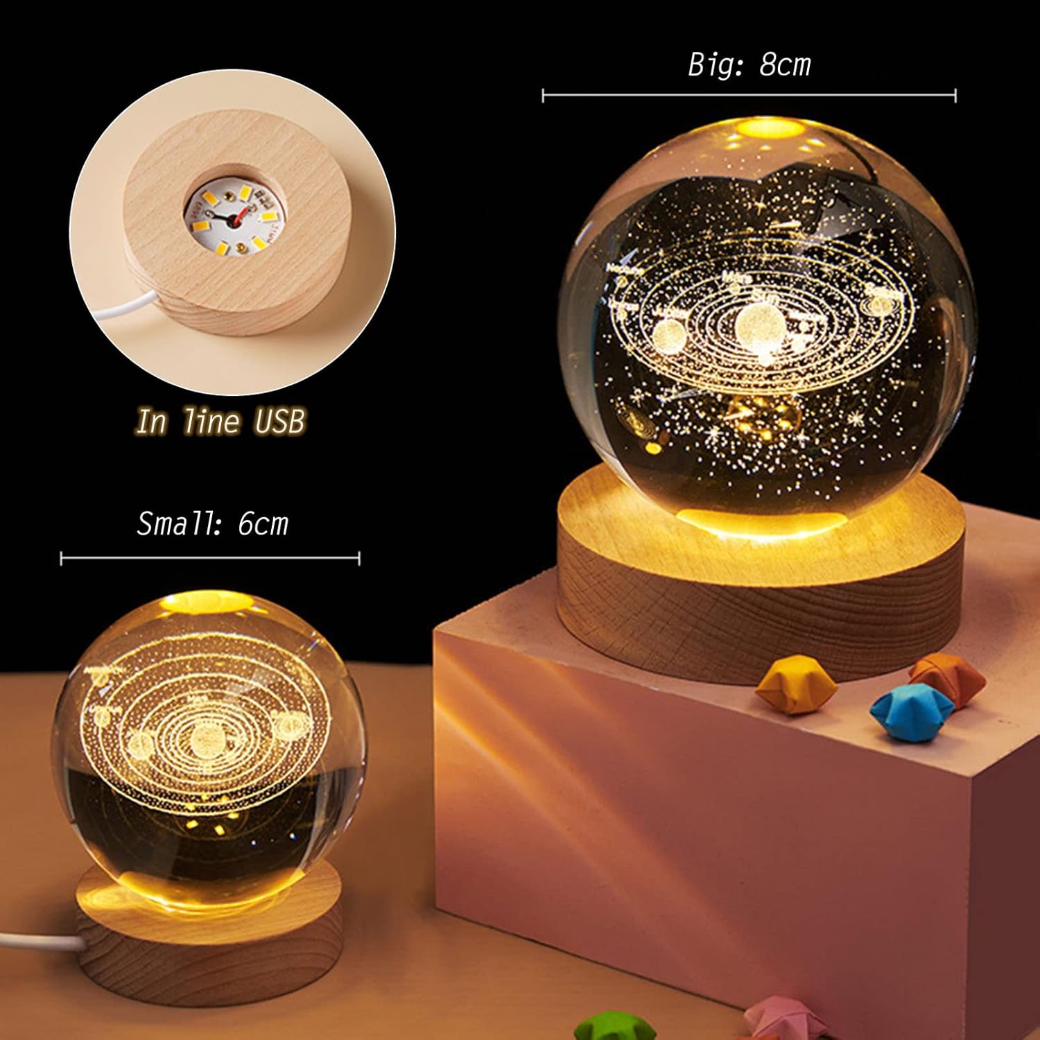 3D Planet Crystal Ball Night Light with Wooden Base