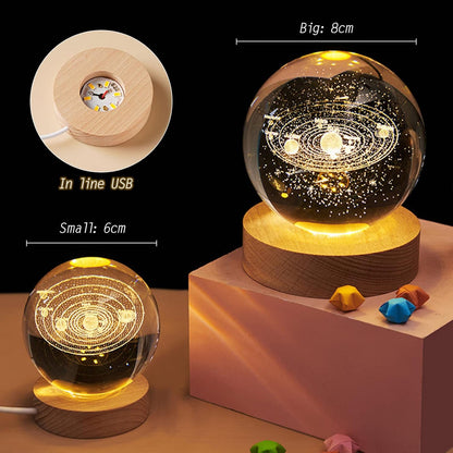 3D Planet Crystal Ball Night Light with Wooden Base