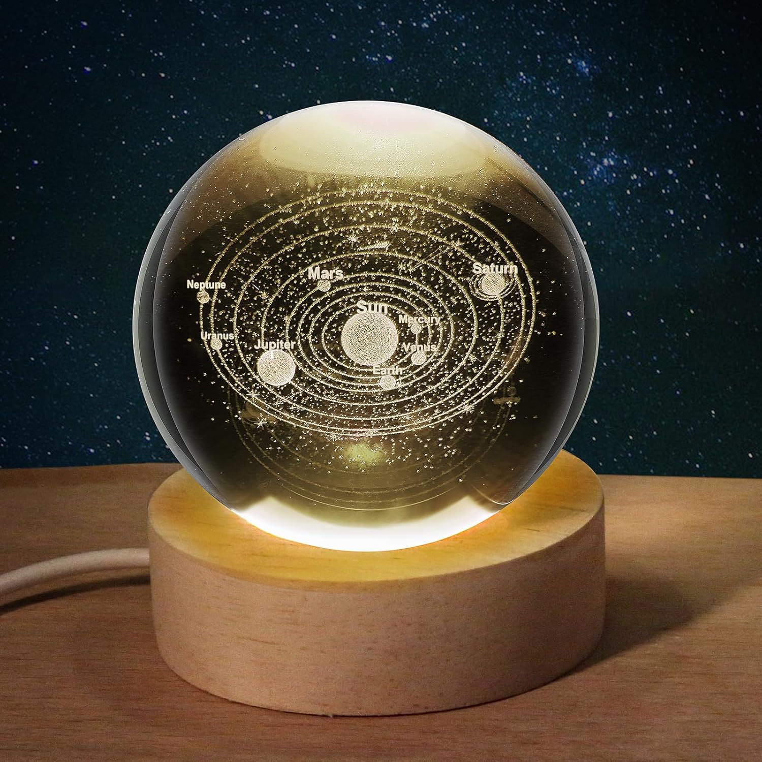 3D Planet Crystal Ball Night Light with Wooden Base