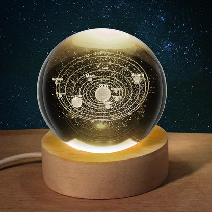 3D Planet Crystal Ball Night Light with Wooden Base