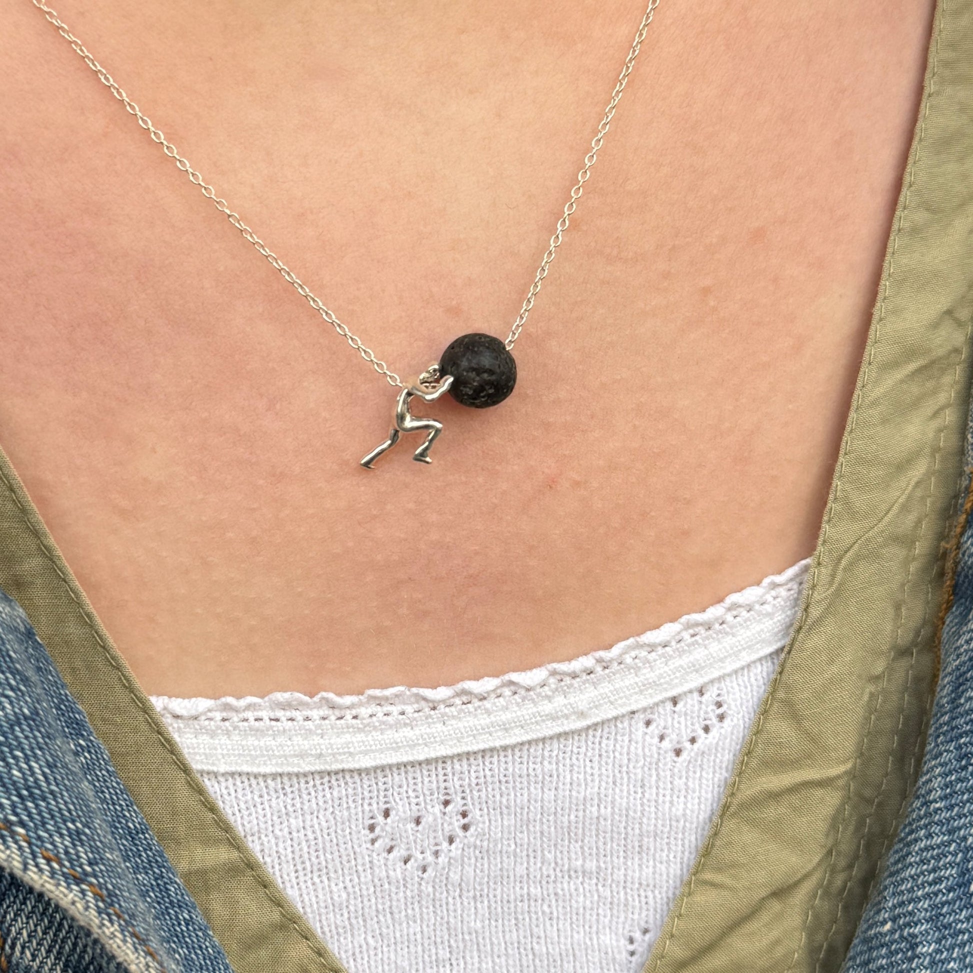 Sisyphus Boulder Lavastone Sterling Silver Necklace with Rhodium
