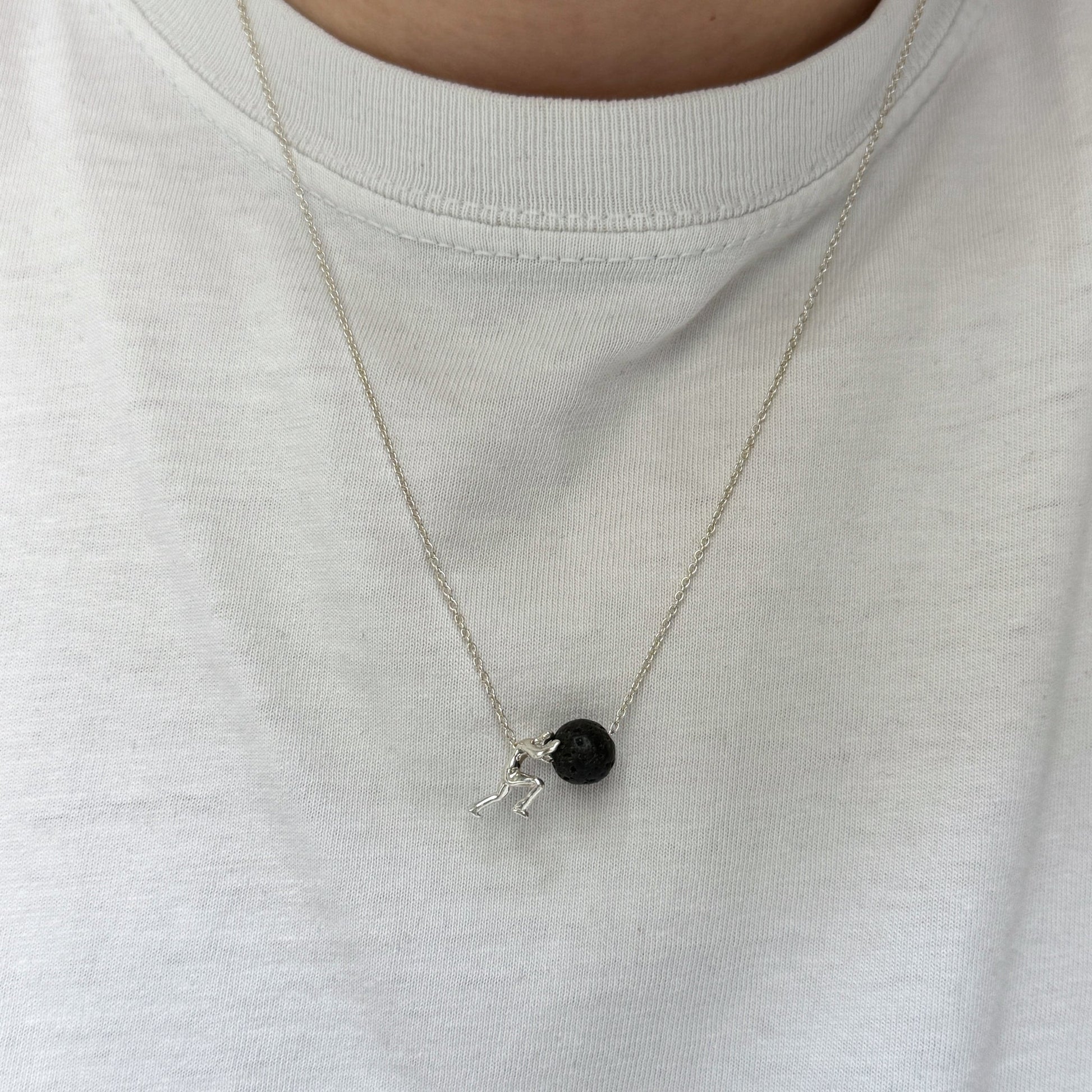 Sisyphus Boulder Lavastone Sterling Silver Necklace with Rhodium