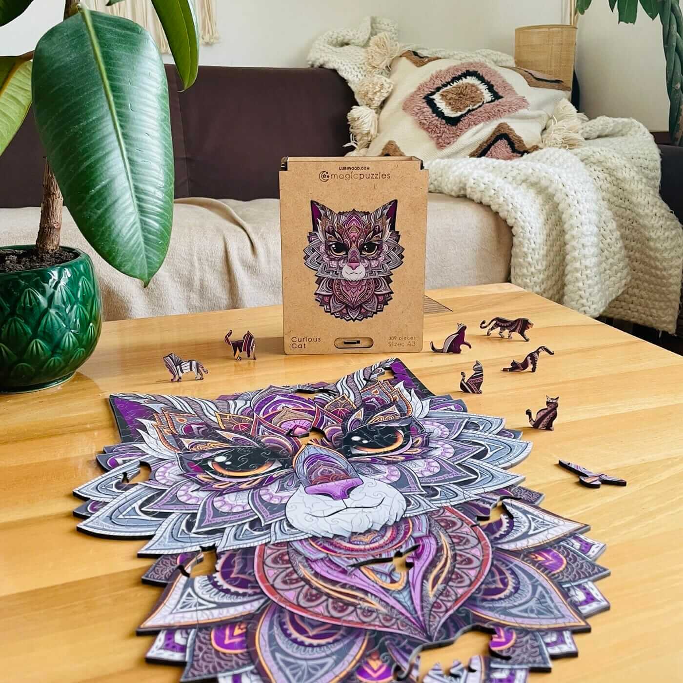 Rompecabezas de Madera Gato Curioso Premium: Diseño Único, Piezas de Precisión, Regalo Ideal