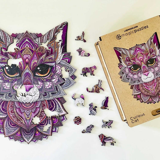 Rompecabezas de Madera Gato Curioso Premium: Diseño Único, Piezas de Precisión, Regalo Ideal
