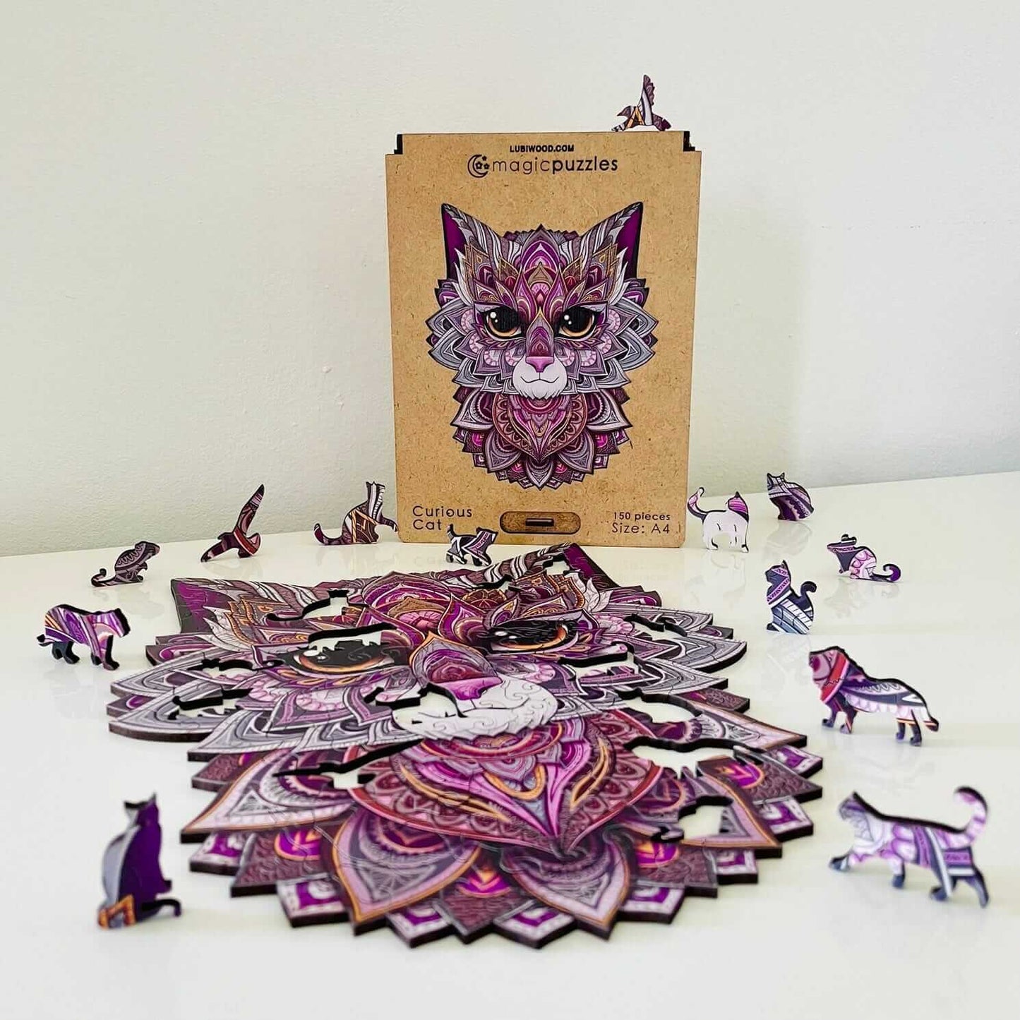 Rompecabezas de Madera Gato Curioso Premium: Diseño Único, Piezas de Precisión, Regalo Ideal