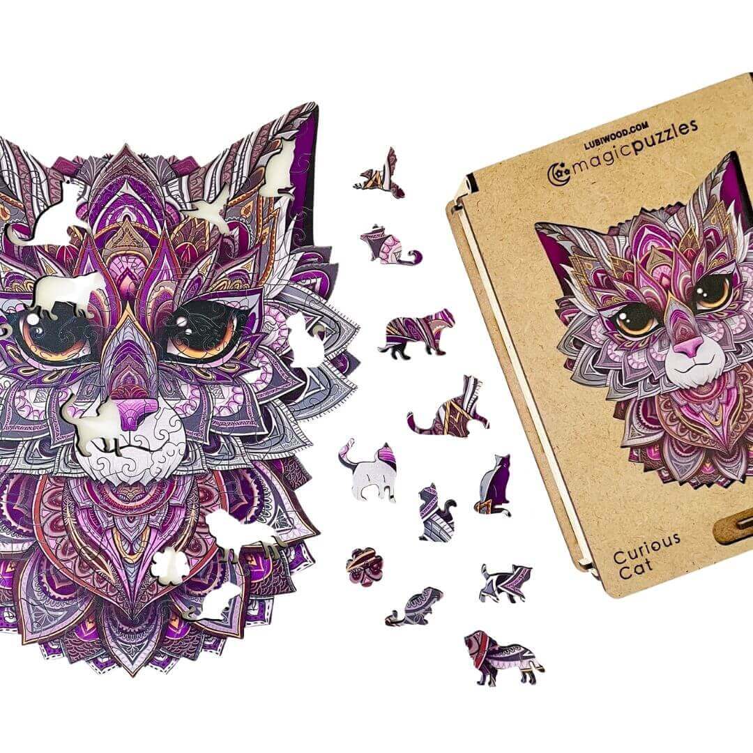 Rompecabezas de Madera Gato Curioso Premium: Diseño Único, Piezas de Precisión, Regalo Ideal