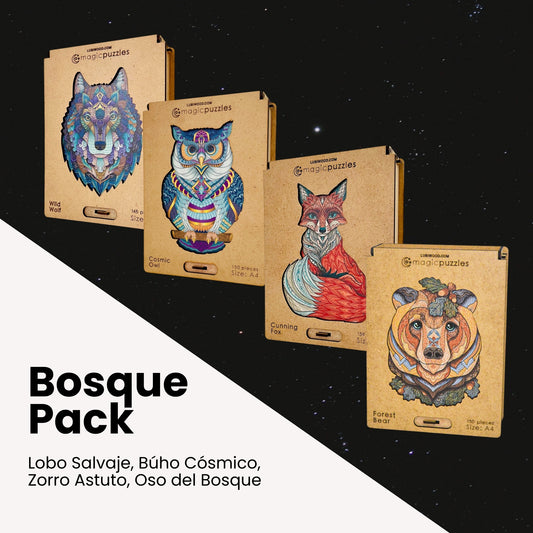 Rompecabezas Madera Premium, Pack Bosque: Lobo, Búho, Zorro, Oso, Piezas Únicas
