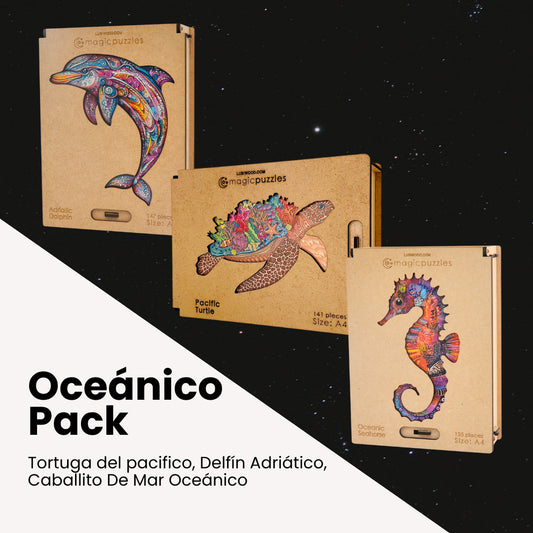 Colección Oceánica Premium: Rompecabezas Madera Delfín, Tortuga, Caballito Marino