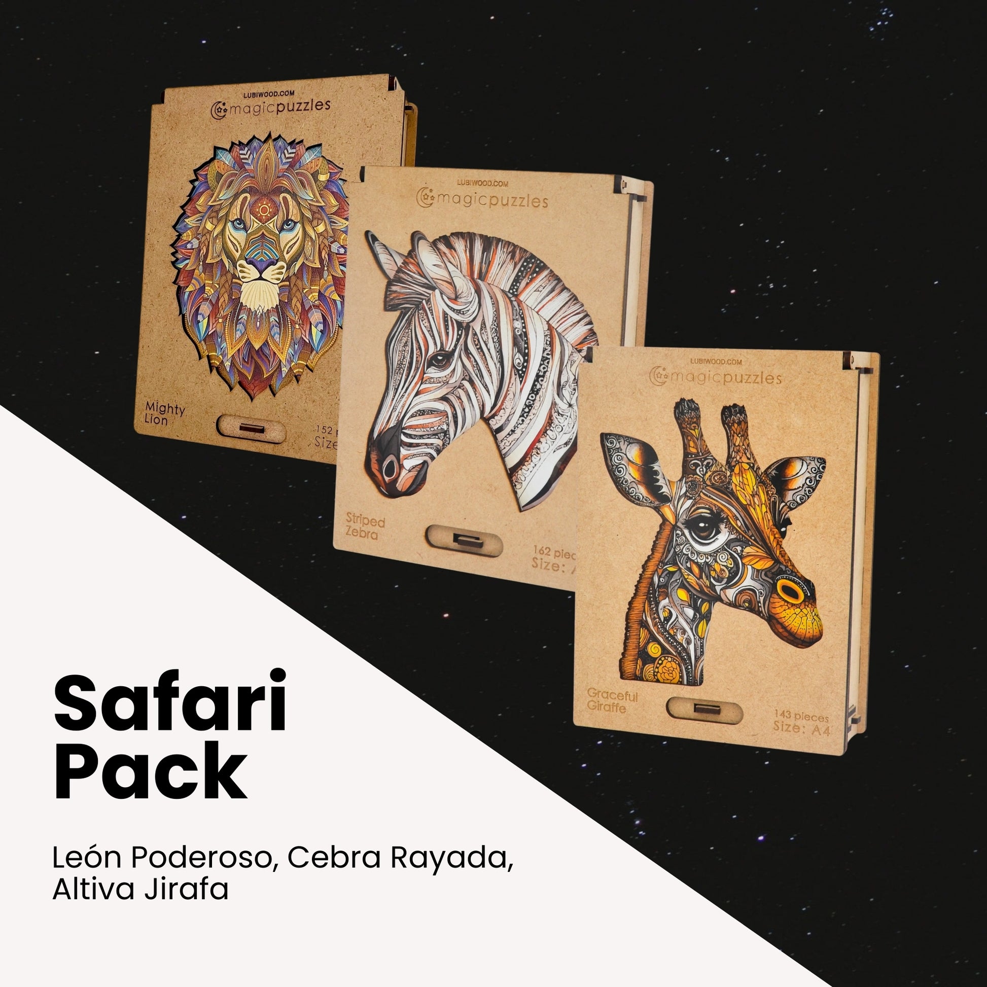 Pack Safari Premium: Rompecabezas de Madera León, Cebra, Jirafa. Juego Familiar.