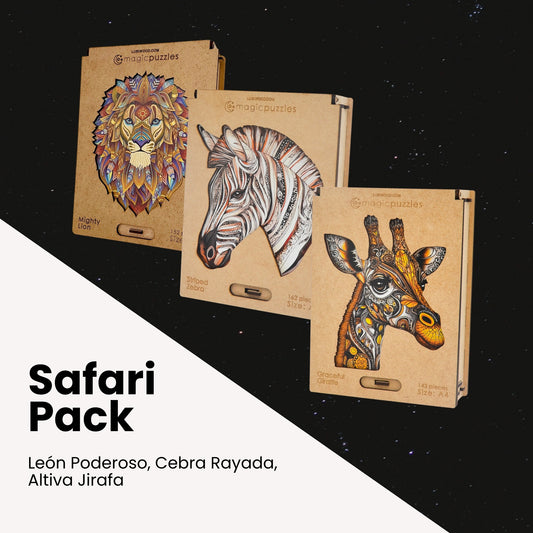 Pack Safari Premium: Rompecabezas de Madera León, Cebra, Jirafa. Juego Familiar.