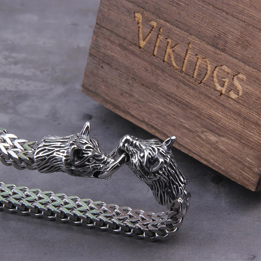 Premium Stainless Steel Wolf Heads Bracelet with Intricate Viking Design