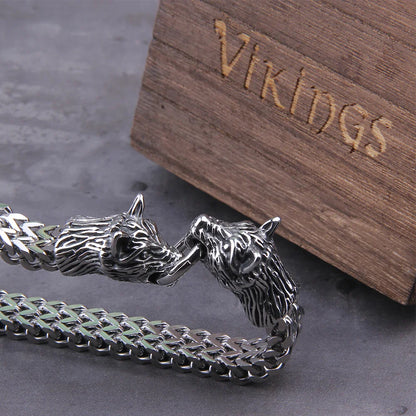 Premium Stainless Steel Wolf Heads Bracelet with Intricate Viking Design
