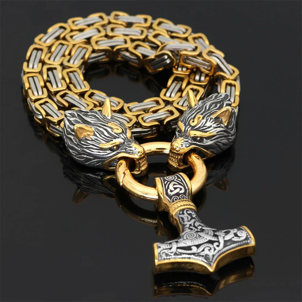 Viking Wolf Mjolnir Hammer Necklace Stainless Steel Gold Plated