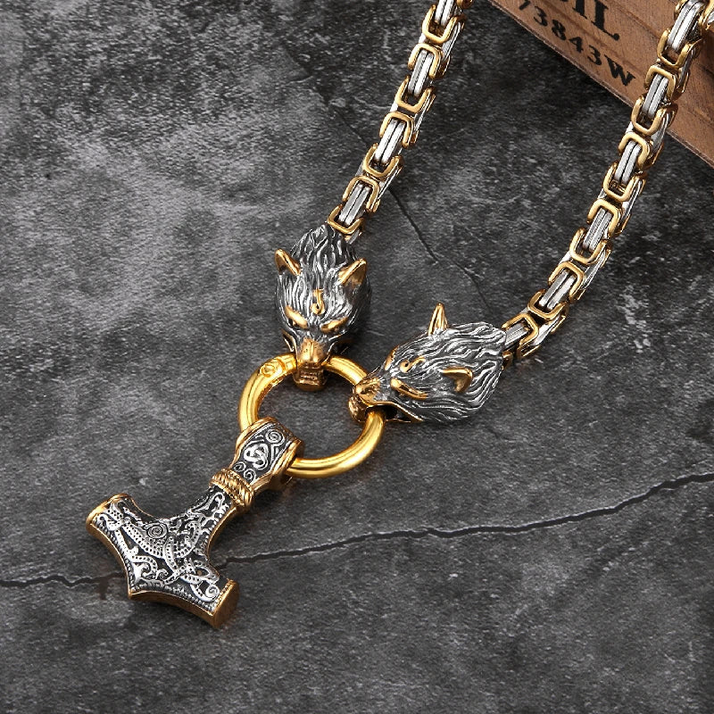 Viking Wolf Mjolnir Hammer Necklace Stainless Steel Gold Plated