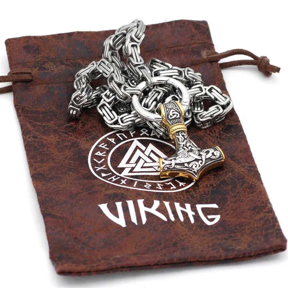 Viking Wolf Mjolnir Hammer Necklace Stainless Steel Gold Plated
