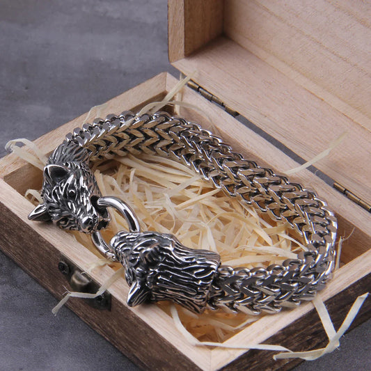 Premium Stainless Steel Wolf Heads Bracelet with Intricate Viking Design