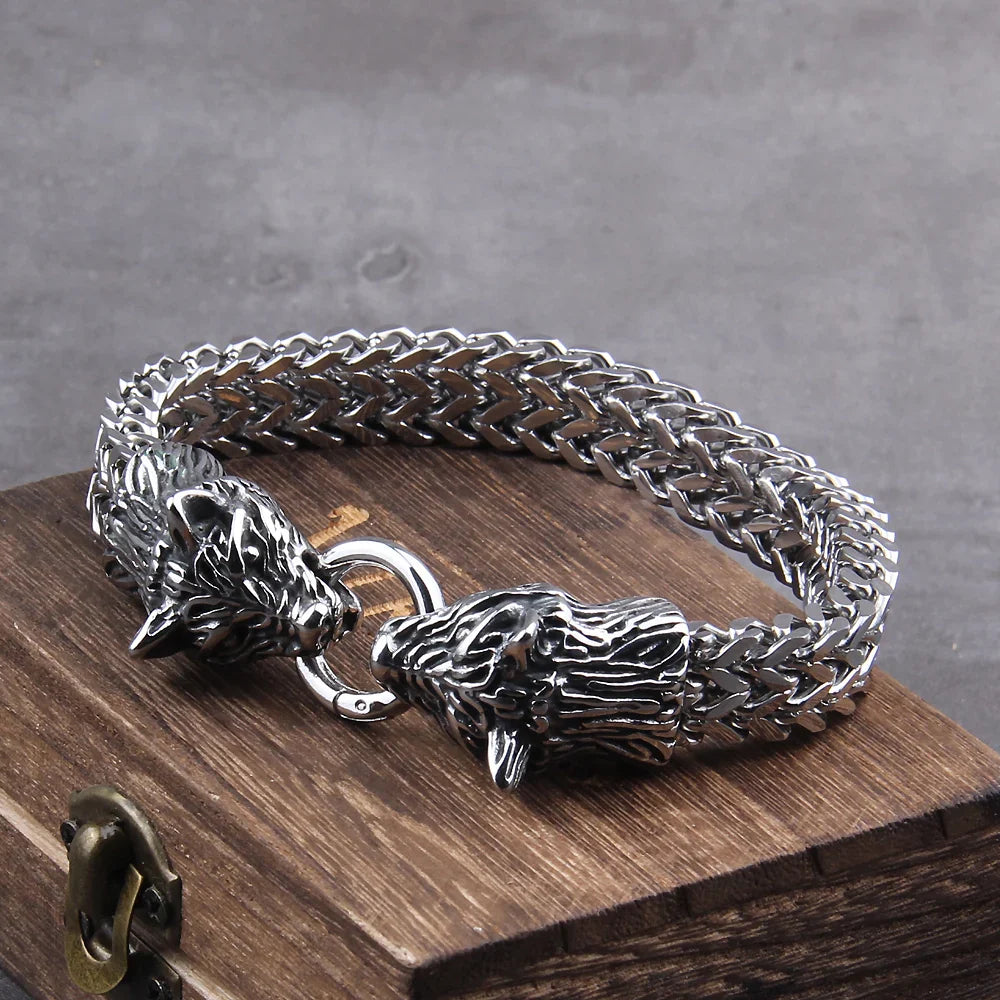 Premium Stainless Steel Wolf Heads Bracelet with Intricate Viking Design