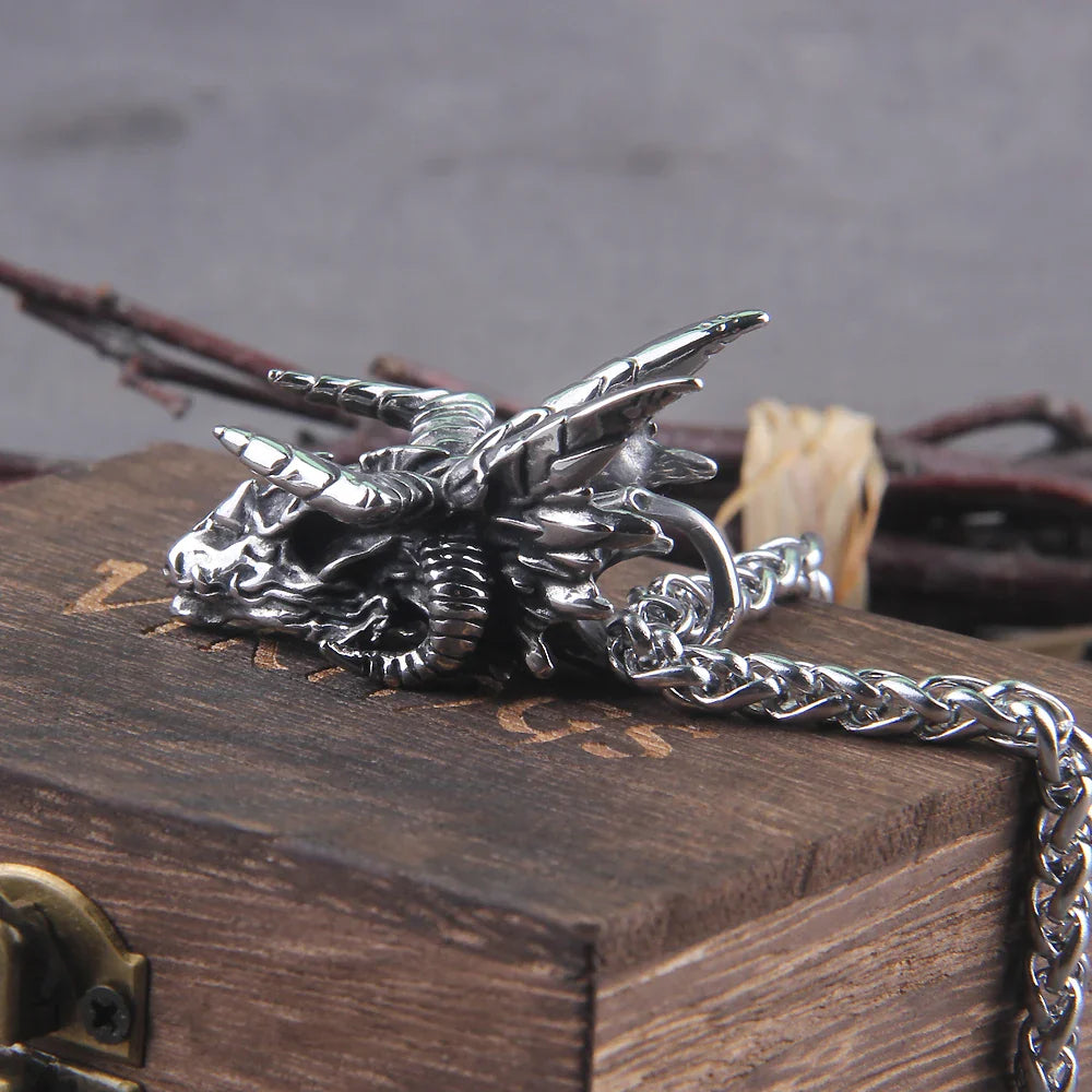 Stainless Steel Dragon Skull Pendant Necklace with Interwoven Chain