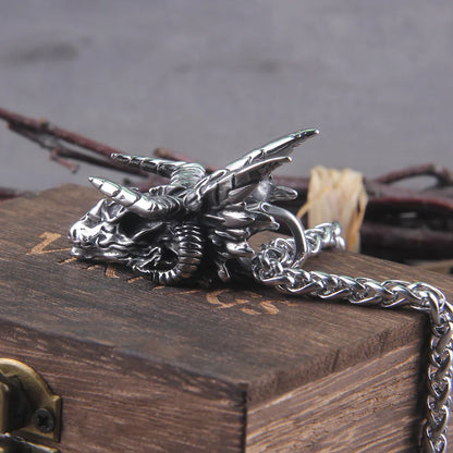Stainless Steel Dragon Skull Pendant Necklace with Interwoven Chain
