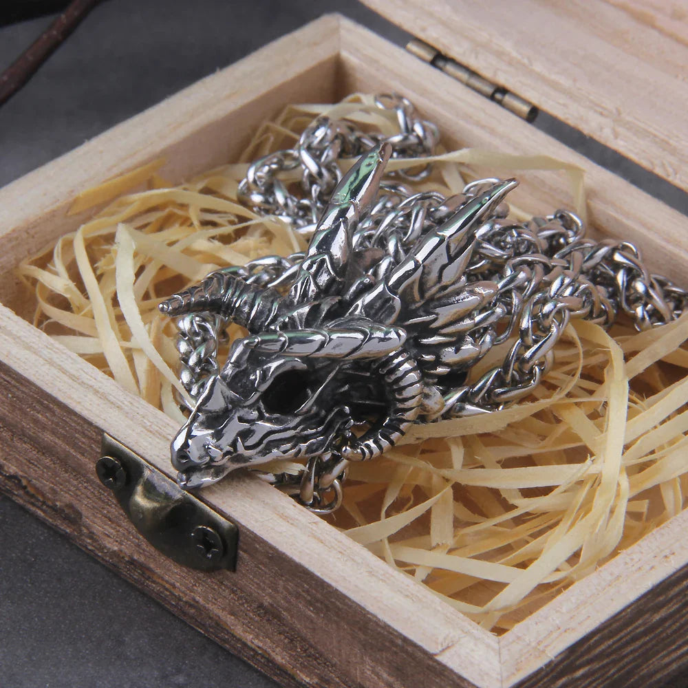 Stainless Steel Dragon Skull Pendant Necklace with Interwoven Chain