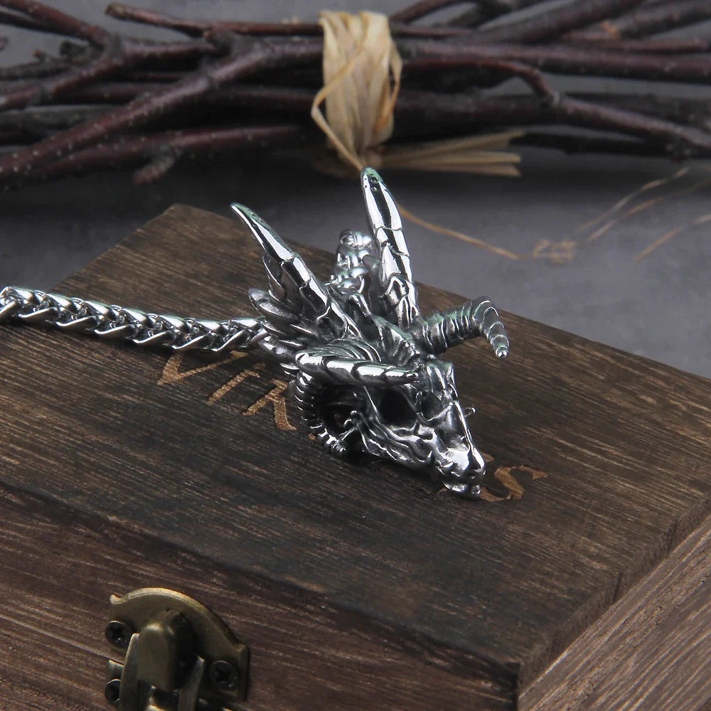 Stainless Steel Dragon Skull Pendant Necklace with Interwoven Chain