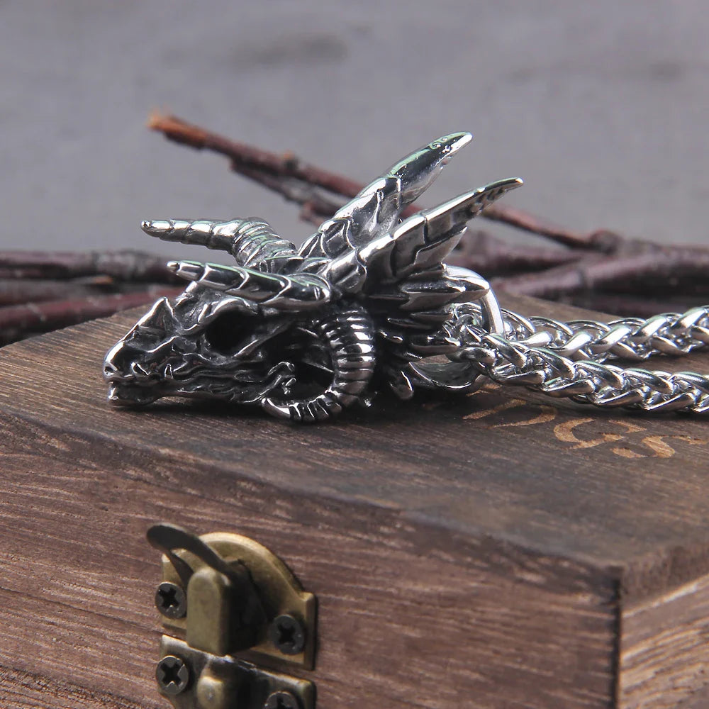 Stainless Steel Dragon Skull Pendant Necklace with Interwoven Chain