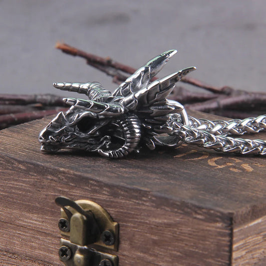 Stainless Steel Dragon Skull Pendant Necklace with Interwoven Chain
