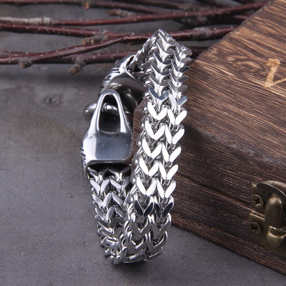 Premium Stainless Steel Wolf Heads Bracelet with Intricate Viking Design