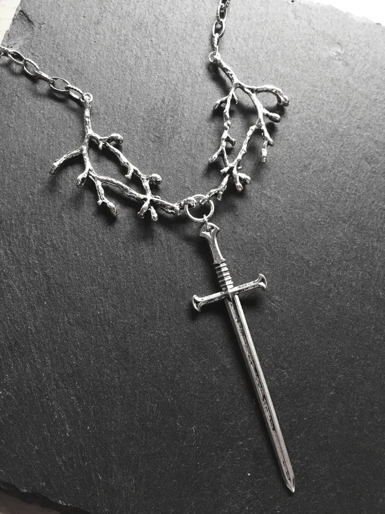 Enchanted Medieval Sword Pendant Necklace, Silver Plated Branch Motif
