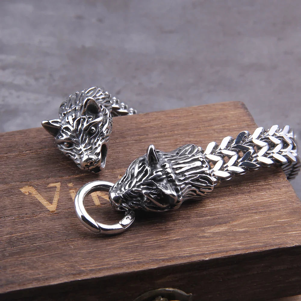 Premium Stainless Steel Wolf Heads Bracelet with Intricate Viking Design