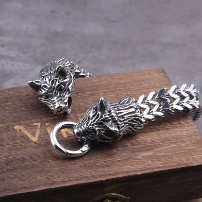 Premium Stainless Steel Wolf Heads Bracelet with Intricate Viking Design