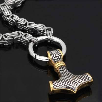 Viking Wolf Mjolnir Hammer Necklace Stainless Steel Gold Plated