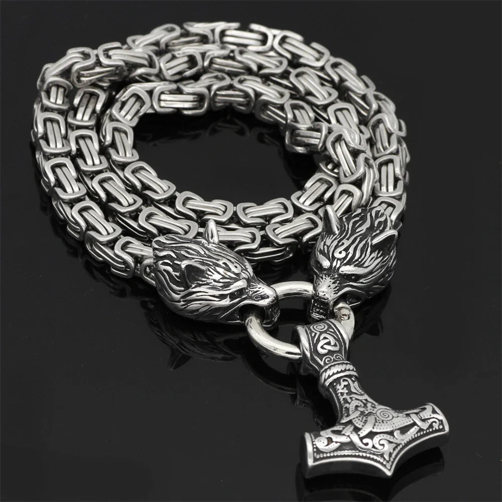 Viking Wolf Mjolnir Hammer Necklace Stainless Steel Gold Plated