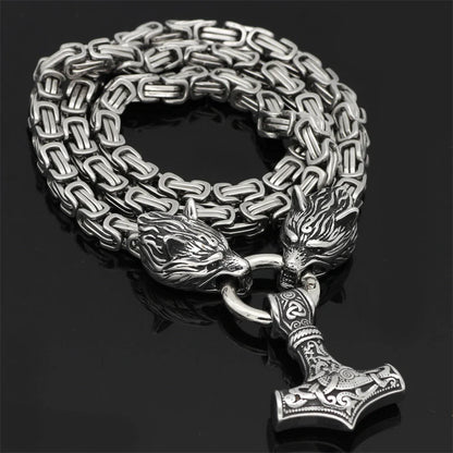 Viking Wolf Mjolnir Hammer Necklace Stainless Steel Gold Plated
