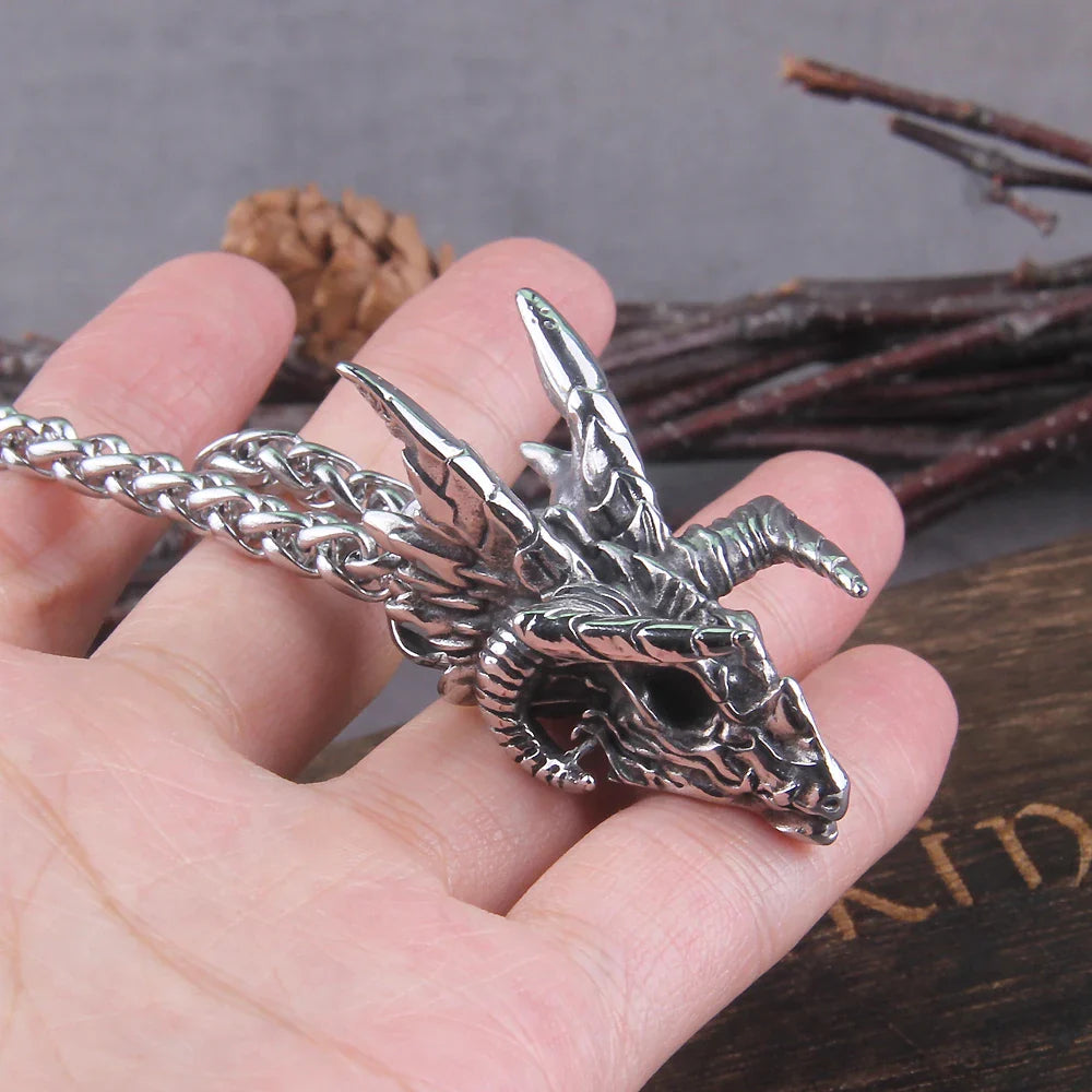 Stainless Steel Dragon Skull Pendant Necklace with Interwoven Chain