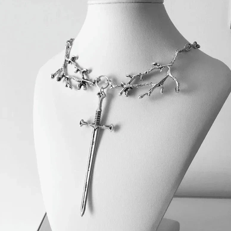 Enchanted Medieval Sword Pendant Necklace, Silver Plated Branch Motif