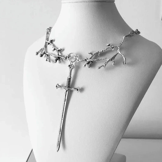 Enchanted Medieval Sword Pendant Necklace, Silver Plated Branch Motif