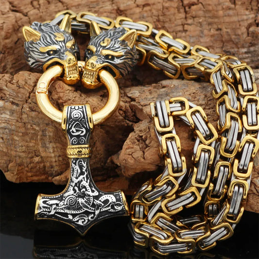Viking Wolf Mjolnir Hammer Necklace Stainless Steel Gold Plated