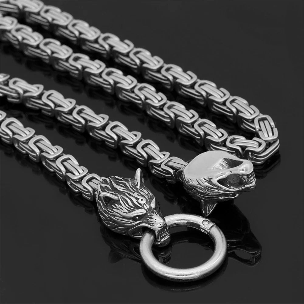 Viking Wolf Mjolnir Hammer Necklace Stainless Steel Gold Plated