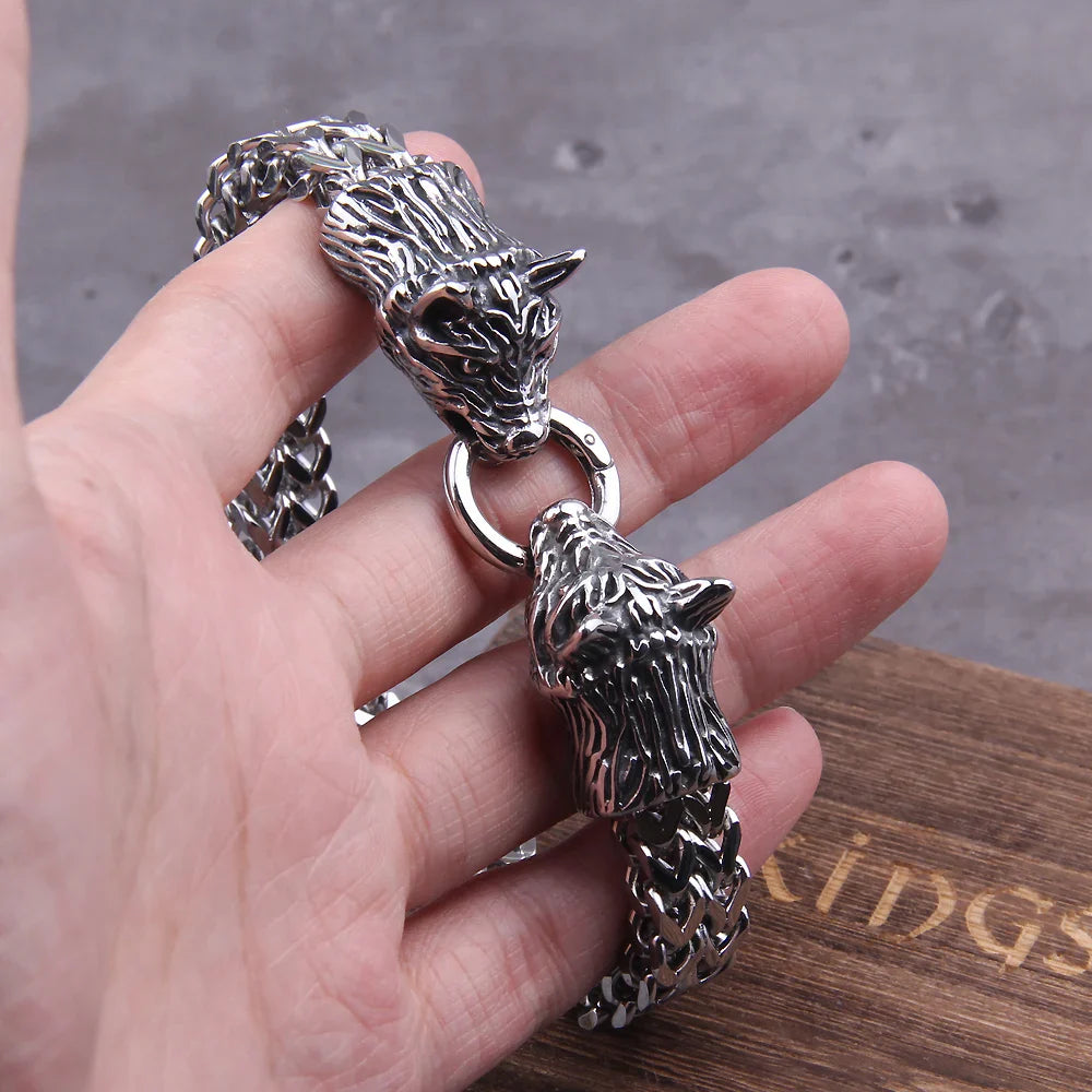 Premium Stainless Steel Wolf Heads Bracelet with Intricate Viking Design