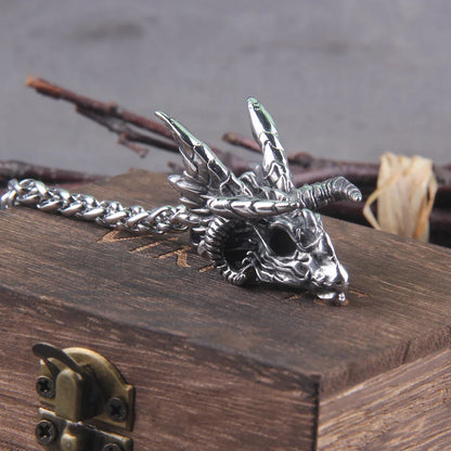 Stainless Steel Dragon Skull Pendant Necklace with Interwoven Chain