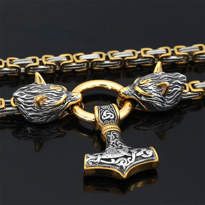 Viking Wolf Mjolnir Hammer Necklace Stainless Steel Gold Plated