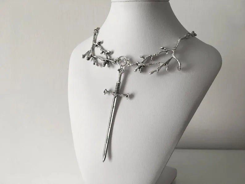 Enchanted Medieval Sword Pendant Necklace, Silver Plated Branch Motif