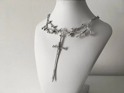 Enchanted Medieval Sword Pendant Necklace, Silver Plated Branch Motif