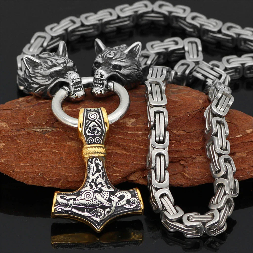 Viking Wolf Mjolnir Hammer Necklace Stainless Steel Gold Plated